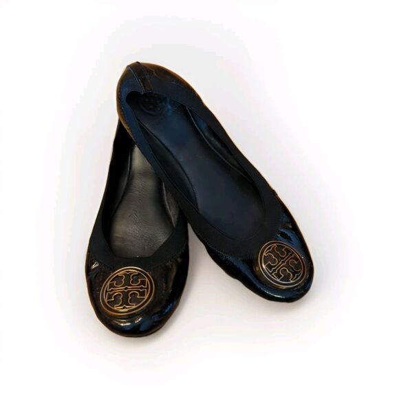 Tory Burch Caroline Ballet Flats Shoes Woemens 9M Black Leather Logo - Picture 1 of 8